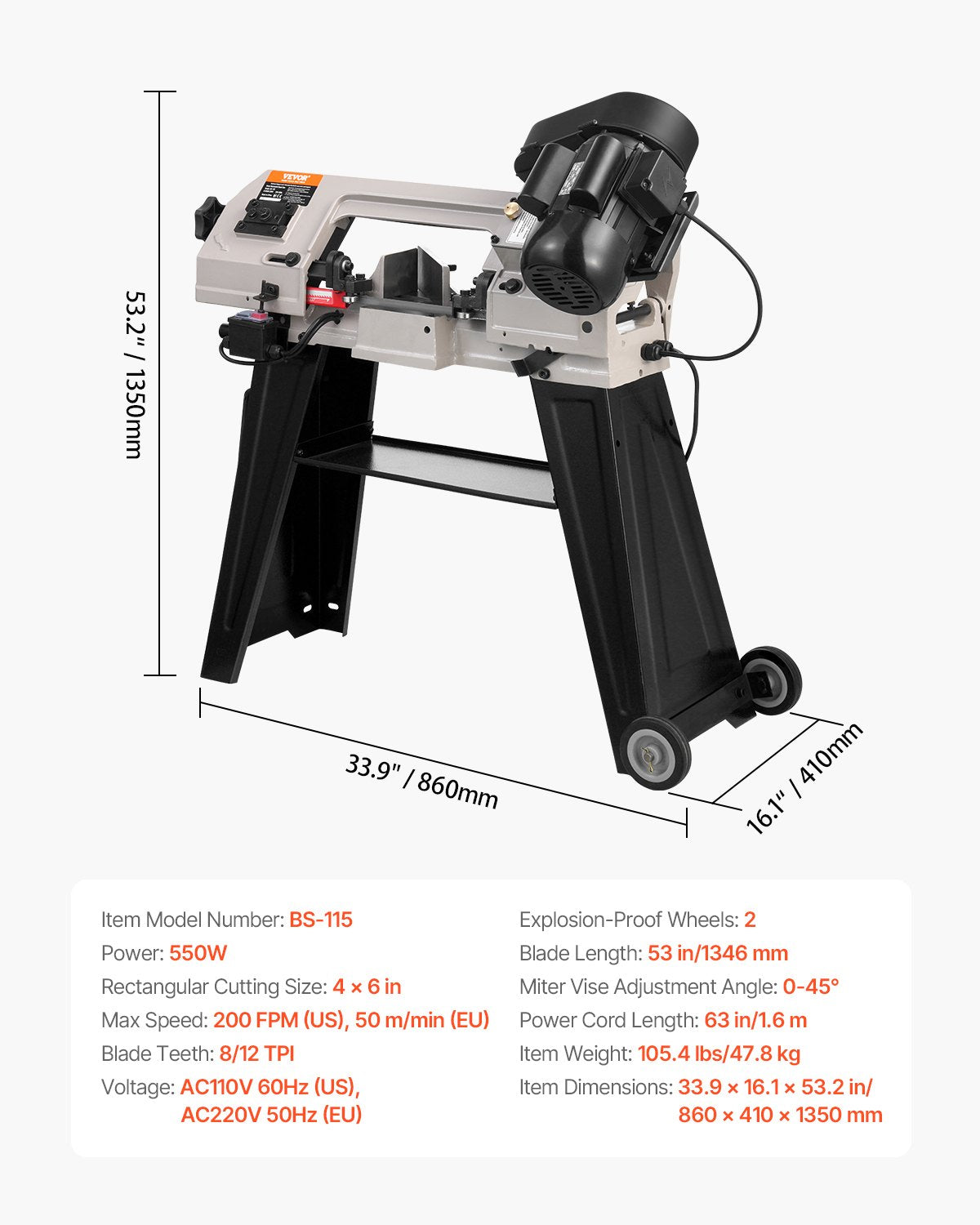 VEVOR Metal Horizontal Band Saw, 4 in x 6 in Rectangular Cutting Capacity, 110V Metal Vertical Cutting Bandsaw with 550W Motor, 0-45° Angle Adjustment, Variable Speed, for Metal, Wood, and Plastic - BXSSJSSPDJBKHTKDKV1 - view 8