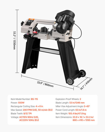 VEVOR Metal Horizontal Band Saw, 4 in x 6 in Rectangular Cutting Capacity, 110V Metal Vertical Cutting Bandsaw with 550W Motor, 0-45° Angle Adjustment, Variable Speed, for Metal, Wood, and Plastic - BXSSJSSPDJBKHTKDKV1 - view 8