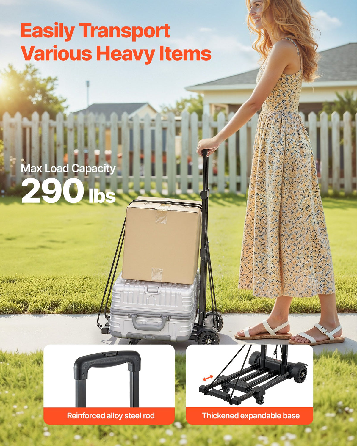 VEVOR Folding Hand Truck, 290 lbs Load Capacity, Collapsible Luggage Cart with 4 Wheels, 2 Elastic Ropes & Expandable Base, Utility Dolly Platform Cart for Airport Travel Luggage Office Moving, Black - BXSTHC4G290I155AS001V0 - view 3