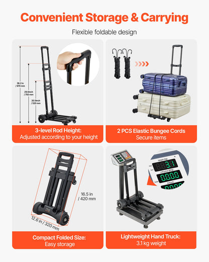 VEVOR Folding Hand Truck, 290 lbs Load Capacity, Collapsible Luggage Cart with 4 Wheels, 2 Elastic Ropes & Expandable Base, Utility Dolly Platform Cart for Airport Travel Luggage Office Moving, Black - BXSTHC4G290I155AS001V0 - view 4