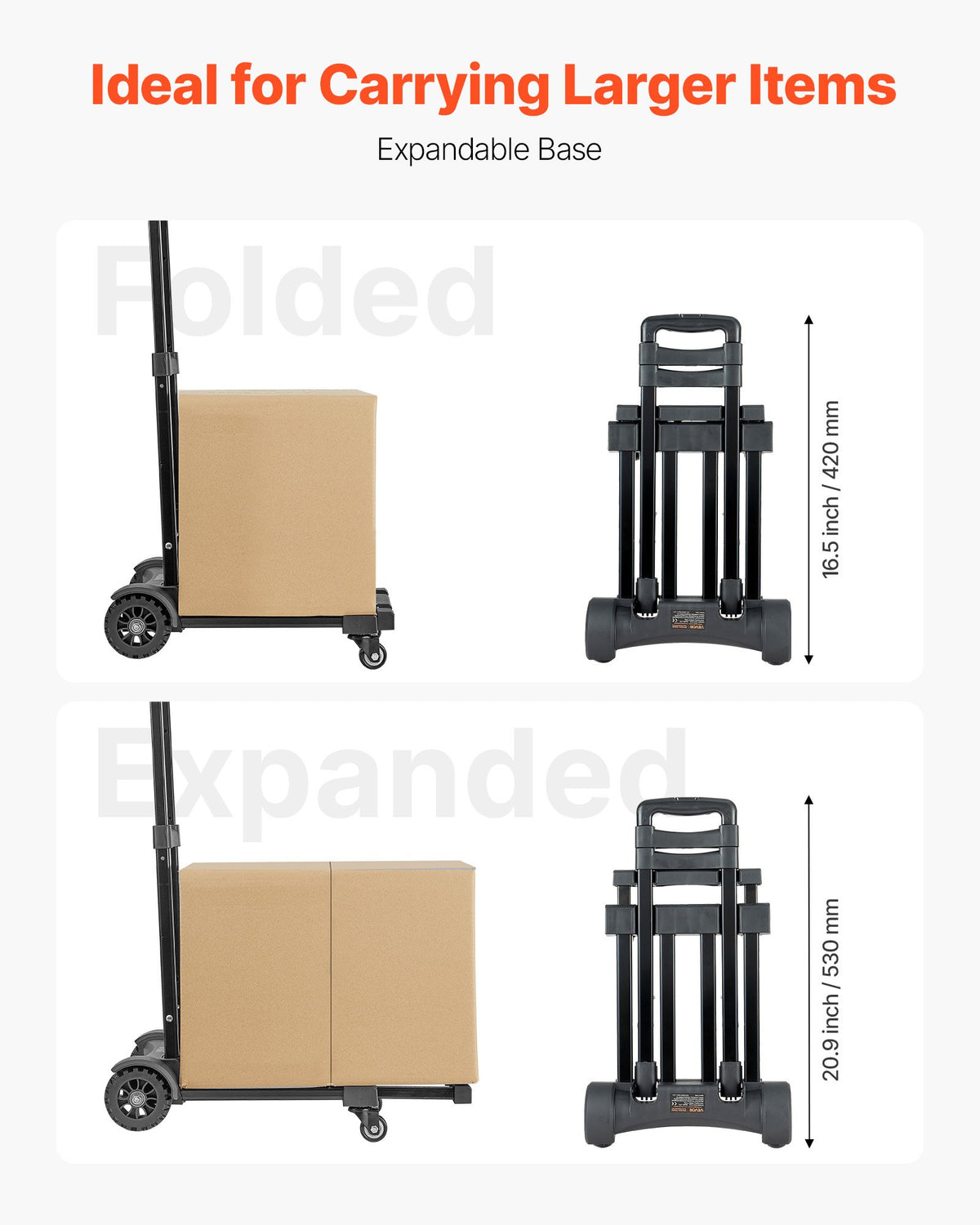 VEVOR Folding Hand Truck, 290 lbs Load Capacity, Collapsible Luggage Cart with 4 Wheels, 2 Elastic Ropes & Expandable Base, Utility Dolly Platform Cart for Airport Travel Luggage Office Moving, Black - BXSTHC4G290I155AS001V0 - view 5