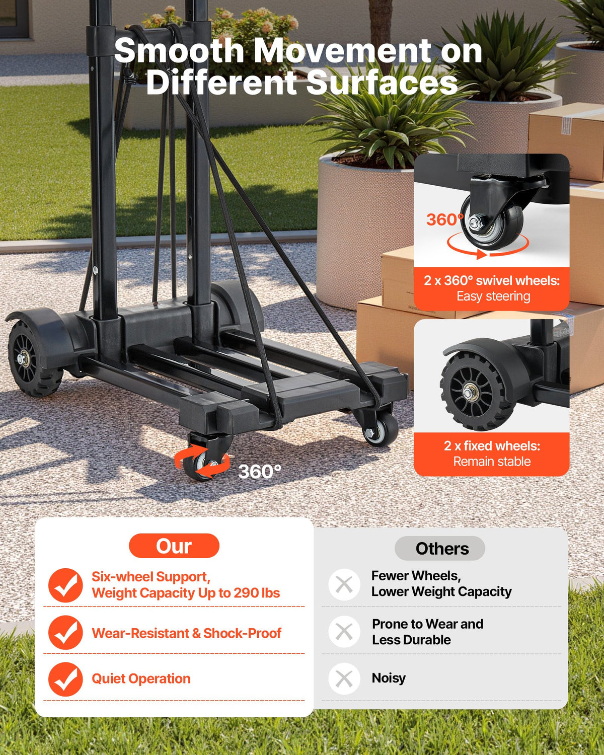 VEVOR Folding Hand Truck, 290 lbs Load Capacity, Collapsible Luggage Cart with 4 Wheels, 2 Elastic Ropes & Expandable Base, Utility Dolly Platform Cart for Airport Travel Luggage Office Moving, Black - BXSTHC4G290I155AS001V0 - view 6