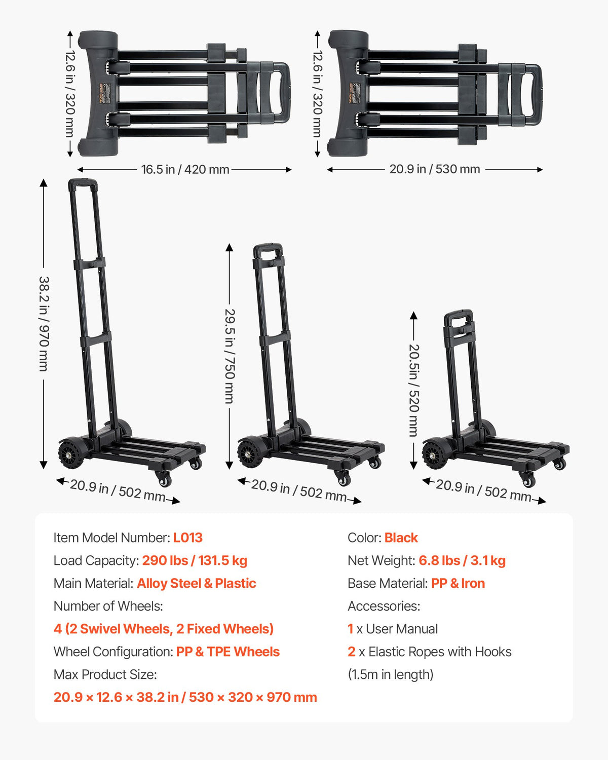 VEVOR Folding Hand Truck, 290 lbs Load Capacity, Collapsible Luggage Cart with 4 Wheels, 2 Elastic Ropes & Expandable Base, Utility Dolly Platform Cart for Airport Travel Luggage Office Moving, Black - BXSTHC4G290I155AS001V0 - view 8