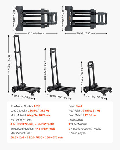 VEVOR Folding Hand Truck, 290 lbs Load Capacity, Collapsible Luggage Cart with 4 Wheels, 2 Elastic Ropes & Expandable Base, Utility Dolly Platform Cart for Airport Travel Luggage Office Moving, Black - BXSTHC4G290I155AS001V0 - view 8
