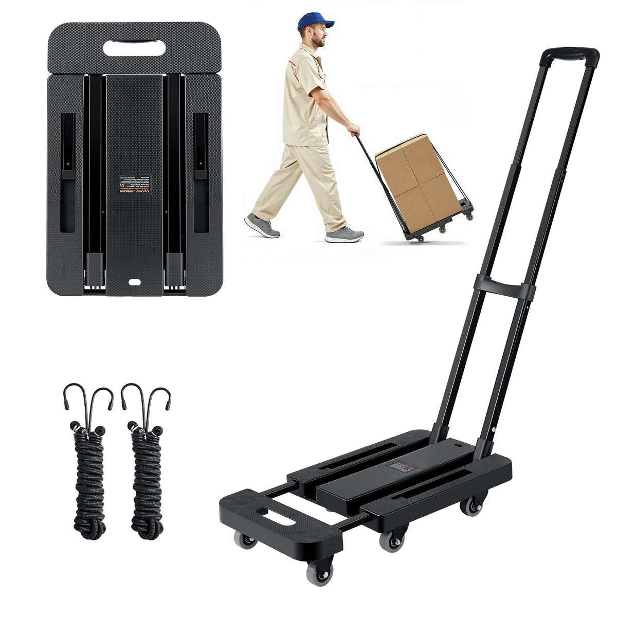 VEVOR Folding Hand Truck, 500 lbs Load Capacity, Collapsible Luggage Cart with 6 Wheels, 2 Elastic Ropes & Expandable Base, Utility Dolly Platform Cart for Airport Travel Luggage Office Moving, Black - BXSTHC6G500IDL5ZE001V0 - view 1