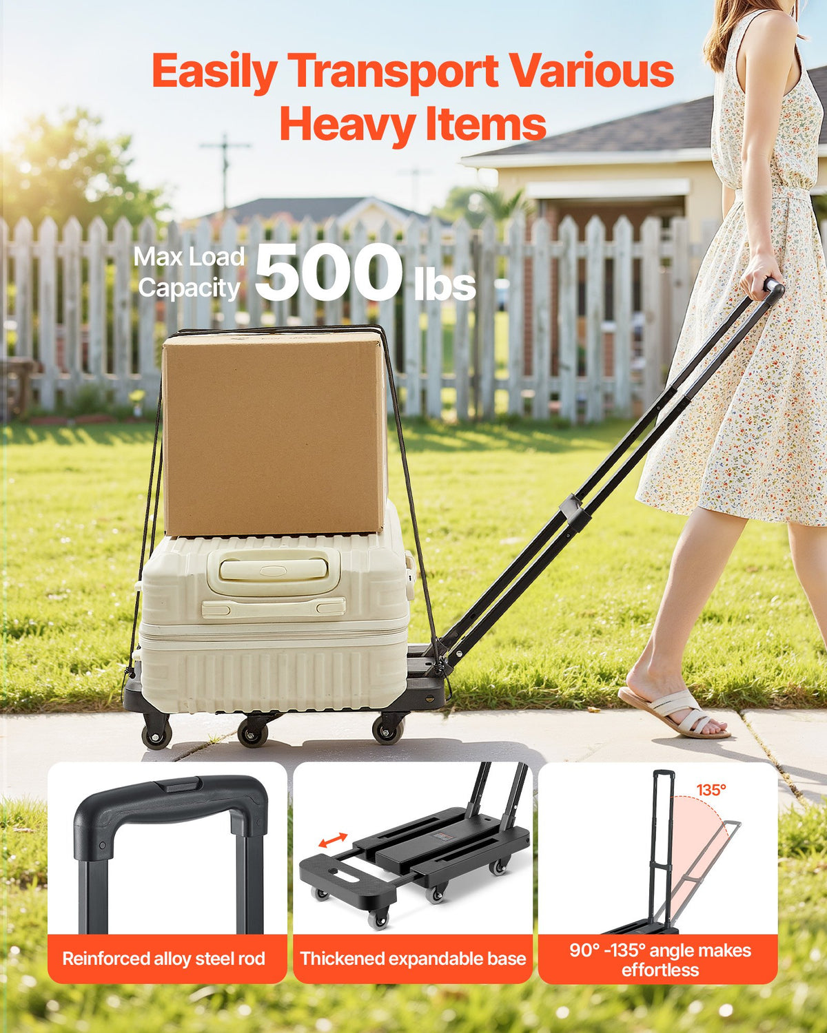 VEVOR Folding Hand Truck, 500 lbs Load Capacity, Collapsible Luggage Cart with 6 Wheels, 2 Elastic Ropes & Expandable Base, Utility Dolly Platform Cart for Airport Travel Luggage Office Moving, Black - BXSTHC6G500IDL5ZE001V0 - view 3