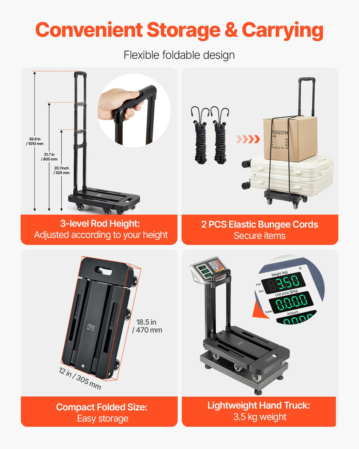 VEVOR Folding Hand Truck, 500 lbs Load Capacity, Collapsible Luggage Cart with 6 Wheels, 2 Elastic Ropes & Expandable Base, Utility Dolly Platform Cart for Airport Travel Luggage Office Moving, Black - BXSTHC6G500IDL5ZE001V0 - view 4