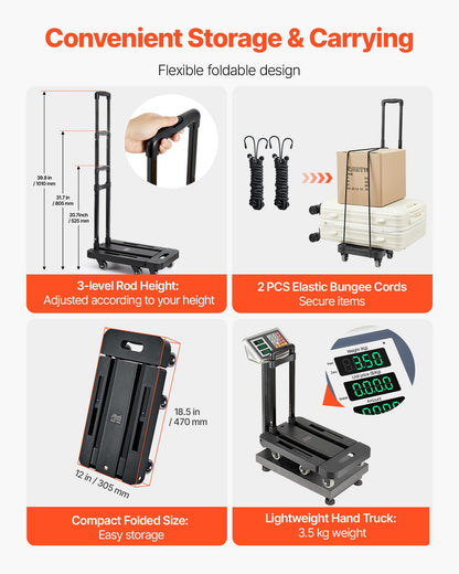 VEVOR Folding Hand Truck, 500 lbs Load Capacity, Collapsible Luggage Cart with 6 Wheels, 2 Elastic Ropes & Expandable Base, Utility Dolly Platform Cart for Airport Travel Luggage Office Moving, Black - BXSTHC6G500IDL5ZE001V0 - view 4