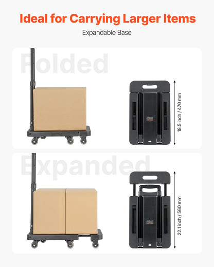 VEVOR Folding Hand Truck, 500 lbs Load Capacity, Collapsible Luggage Cart with 6 Wheels, 2 Elastic Ropes & Expandable Base, Utility Dolly Platform Cart for Airport Travel Luggage Office Moving, Black - BXSTHC6G500IDL5ZE001V0 - view 5