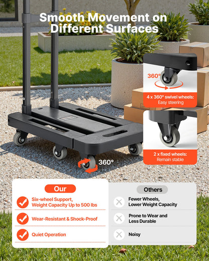 VEVOR Folding Hand Truck, 500 lbs Load Capacity, Collapsible Luggage Cart with 6 Wheels, 2 Elastic Ropes & Expandable Base, Utility Dolly Platform Cart for Airport Travel Luggage Office Moving, Black - BXSTHC6G500IDL5ZE001V0 - view 6