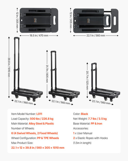VEVOR Folding Hand Truck, 500 lbs Load Capacity, Collapsible Luggage Cart with 6 Wheels, 2 Elastic Ropes & Expandable Base, Utility Dolly Platform Cart for Airport Travel Luggage Office Moving, Black - BXSTHC6G500IDL5ZE001V0 - view 8