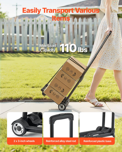 VEVOR Folding Hand Truck, 110 lbs Load Capacity, Collapsible Luggage Cart with 2 Wheels & 1 Elastic Rope, Utility Dolly Platform Cart for Airport Travel Furniture Luggage Office Moving, Black - BXSTHCHS2G11BKSTN001V0 - view 3
