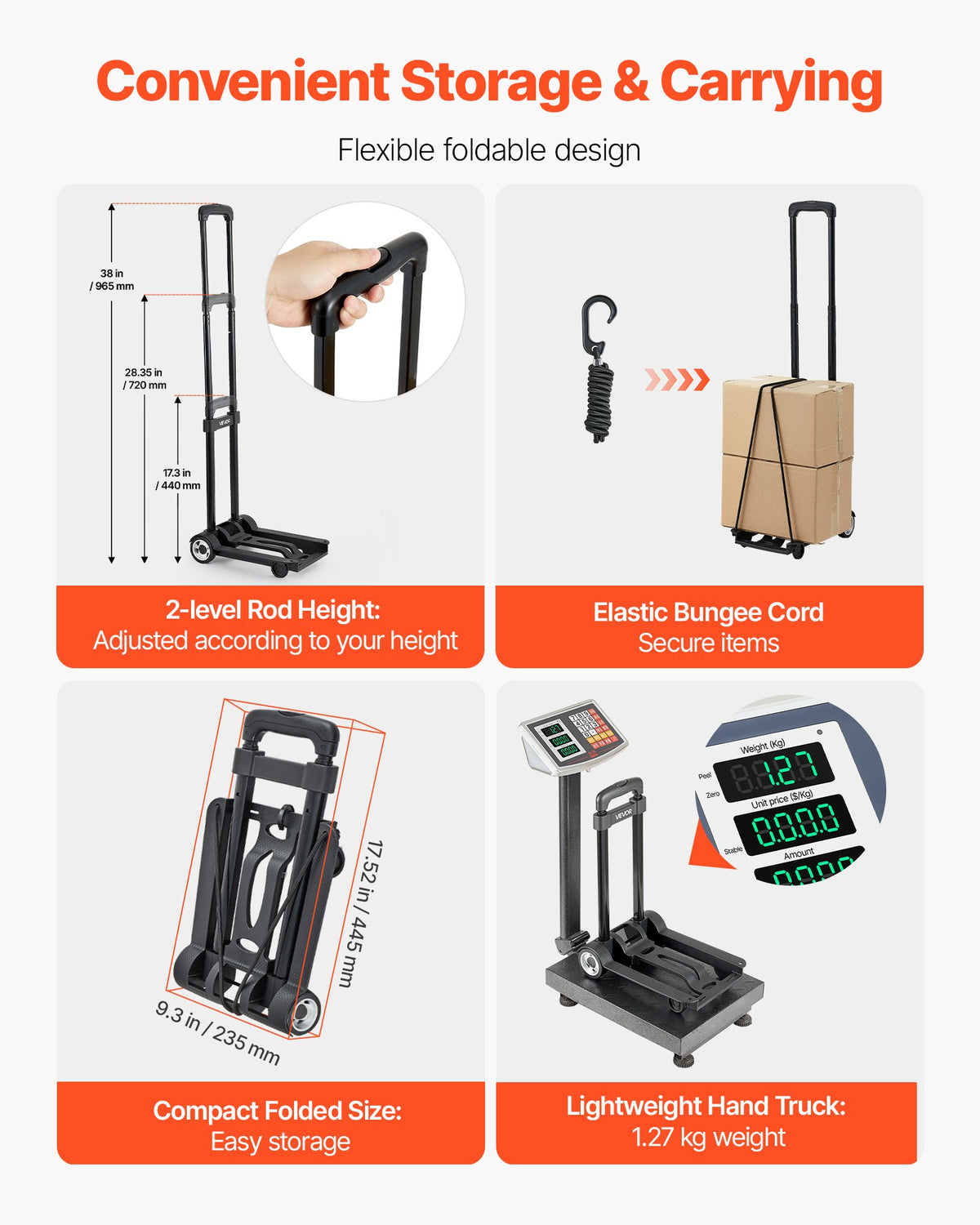 VEVOR Folding Hand Truck, 110 lbs Load Capacity, Collapsible Luggage Cart with 2 Wheels & 1 Elastic Rope, Utility Dolly Platform Cart for Airport Travel Furniture Luggage Office Moving, Black - BXSTHCHS2G11BKSTN001V0 - view 4