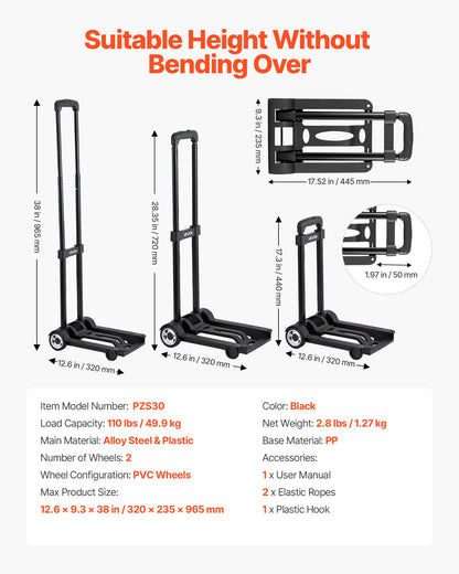 VEVOR Folding Hand Truck, 110 lbs Load Capacity, Collapsible Luggage Cart with 2 Wheels & 1 Elastic Rope, Utility Dolly Platform Cart for Airport Travel Furniture Luggage Office Moving, Black - BXSTHCHS2G11BKSTN001V0 - view 8
