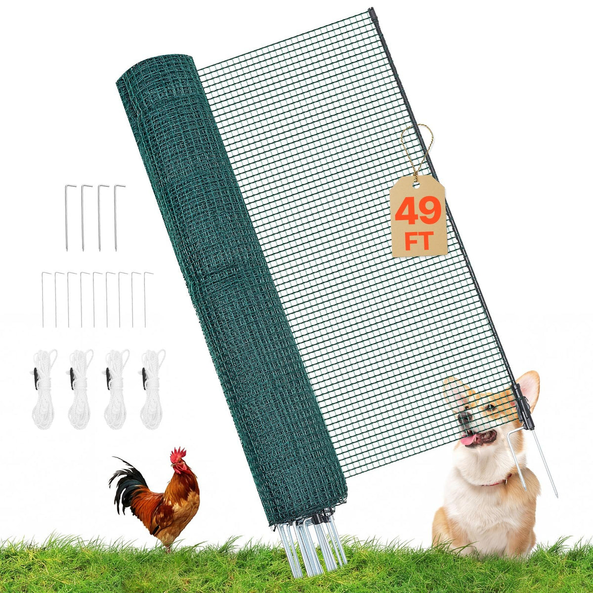 VEVOR Temporary Fence with Posts, 3 x 49.2 FT Plastic Mesh Fencing, Garden Safety Fences Netting with Double-Spike Stakes & Guy Ropes, Temporary Fence for Dogs, Chickens, Plants, Outdoor Yards - BXSWL15M09MBNSM5B001V0 - view 1