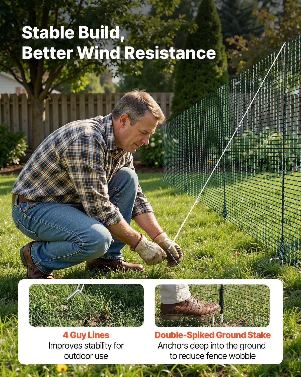 VEVOR Temporary Fence with Posts, 3 x 49.2 FT Plastic Mesh Fencing, Garden Safety Fences Netting with Double-Spike Stakes & Guy Ropes, Temporary Fence for Dogs, Chickens, Plants, Outdoor Yards - BXSWL15M09MBNSM5B001V0 - view 6