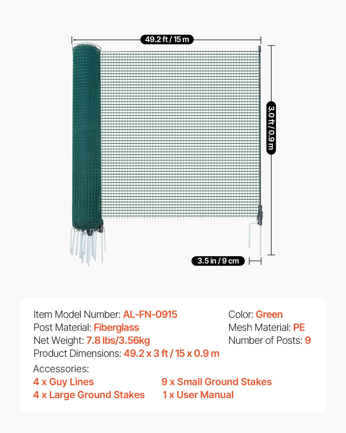 VEVOR Temporary Fence with Posts, 3 x 49.2 FT Plastic Mesh Fencing, Garden Safety Fences Netting with Double-Spike Stakes & Guy Ropes, Temporary Fence for Dogs, Chickens, Plants, Outdoor Yards - BXSWL15M09MBNSM5B001V0 - view 8