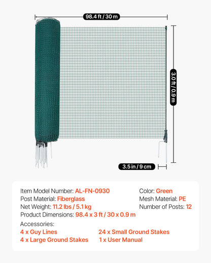 VEVOR Temporary Fence with Posts, 3 x 98.4 FT Plastic Mesh Fencing, Garden Safety Fences Netting with Double-Spike Stakes & Guy Ropes, Temporary Fence for Dogs, Chickens, Plants, Outdoor Yards - BXSWL30M09MB5SEMU001V0 - view 8