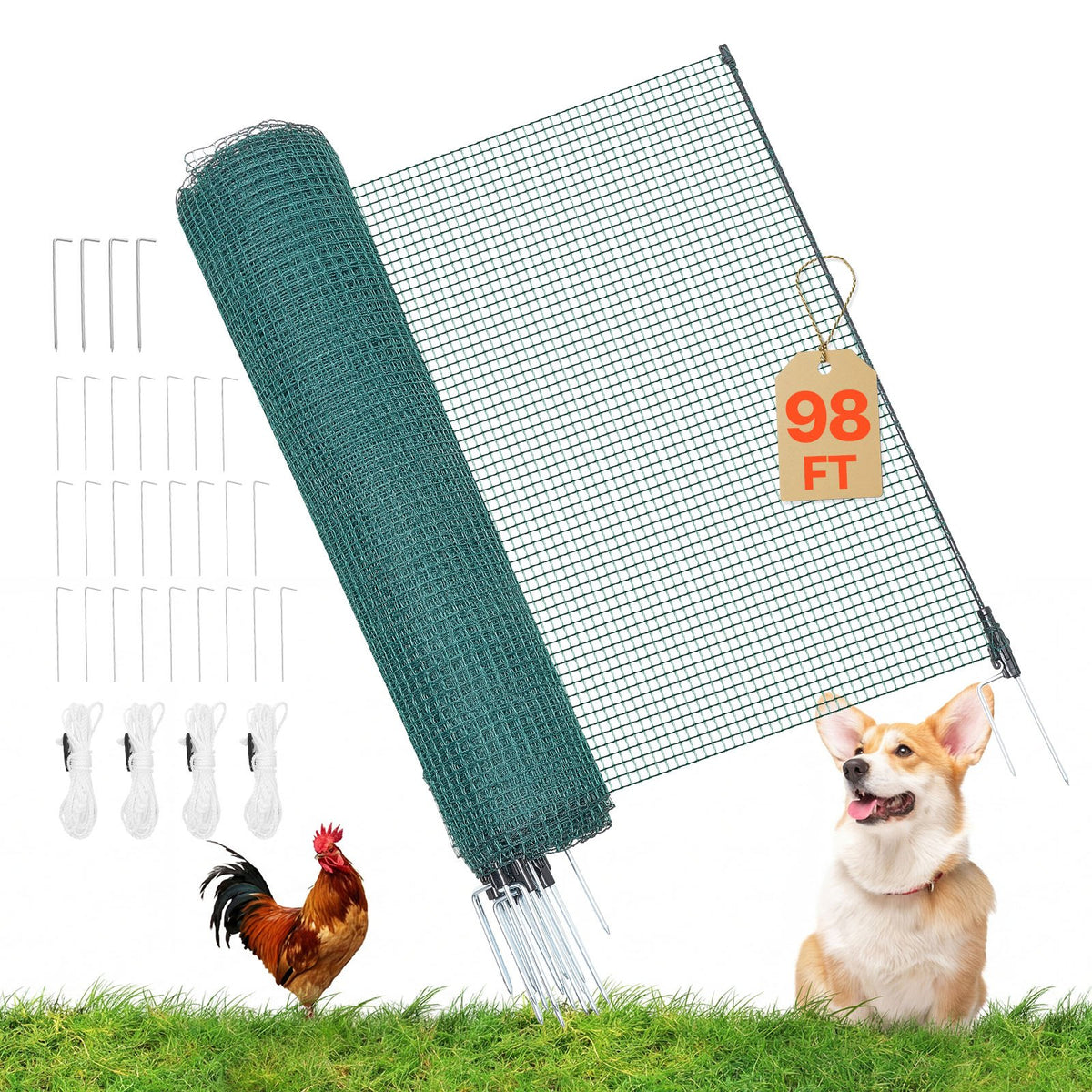 VEVOR Temporary Fence with Posts, 3.9 x 98.4 FT Plastic Mesh Fencing, Garden Safety Fences Netting with Double-Spike Stakes & Guy Ropes, Temporary Fence for Dogs, Chickens, Plants, Outdoor Yards - BXSWL30M12MB1LZMW001V0 - view 1