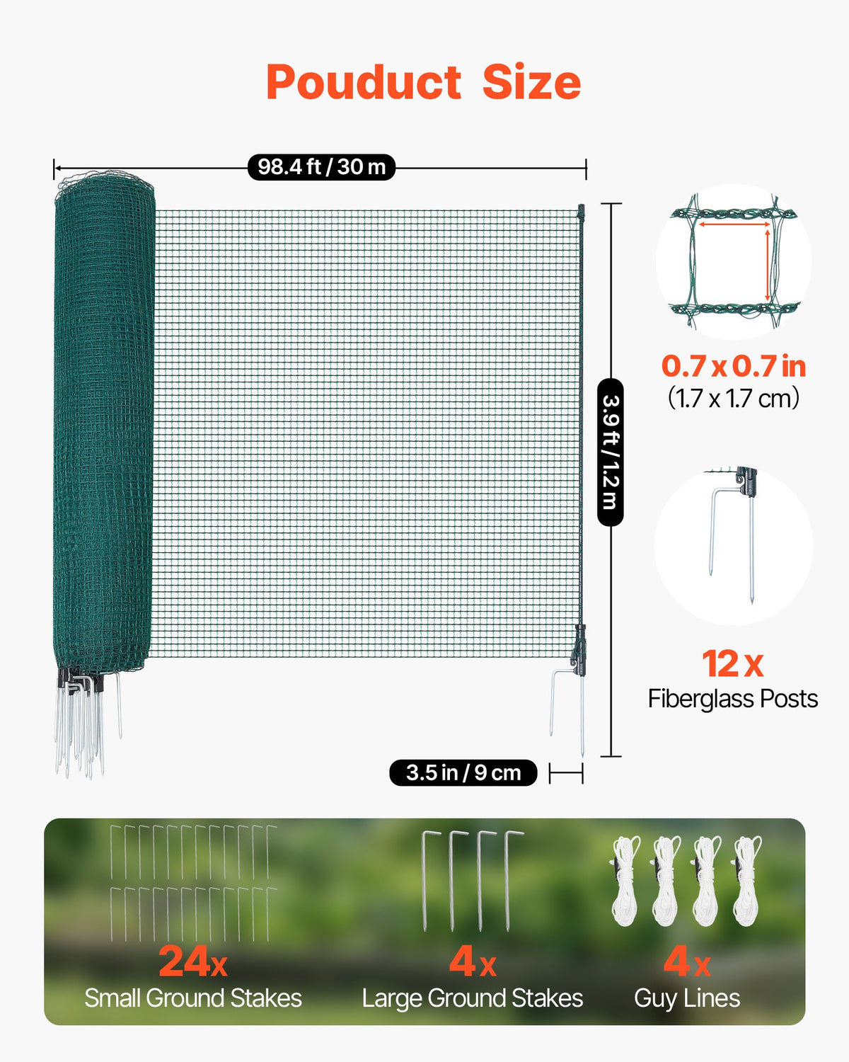VEVOR Temporary Fence with Posts, 3.9 x 98.4 FT Plastic Mesh Fencing, Garden Safety Fences Netting with Double-Spike Stakes & Guy Ropes, Temporary Fence for Dogs, Chickens, Plants, Outdoor Yards - BXSWL30M12MB1LZMW001V0 - view 3
