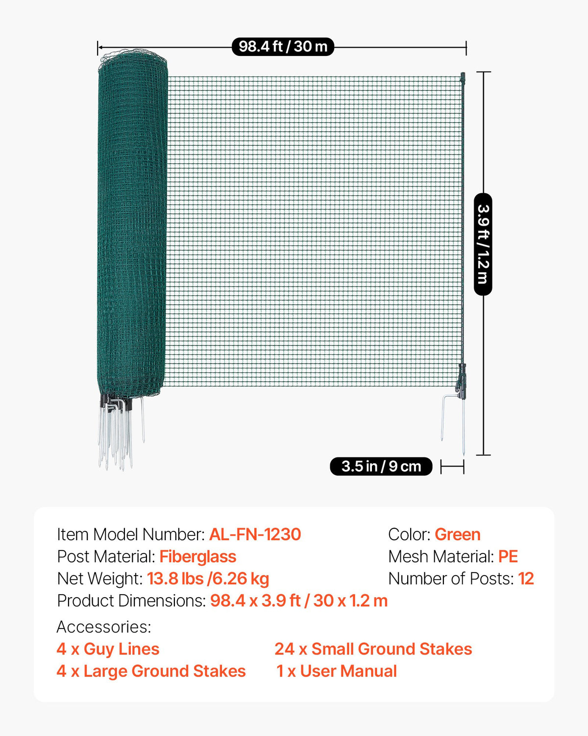 VEVOR Temporary Fence with Posts, 3.9 x 98.4 FT Plastic Mesh Fencing, Garden Safety Fences Netting with Double-Spike Stakes & Guy Ropes, Temporary Fence for Dogs, Chickens, Plants, Outdoor Yards - BXSWL30M12MB1LZMW001V0 - view 8