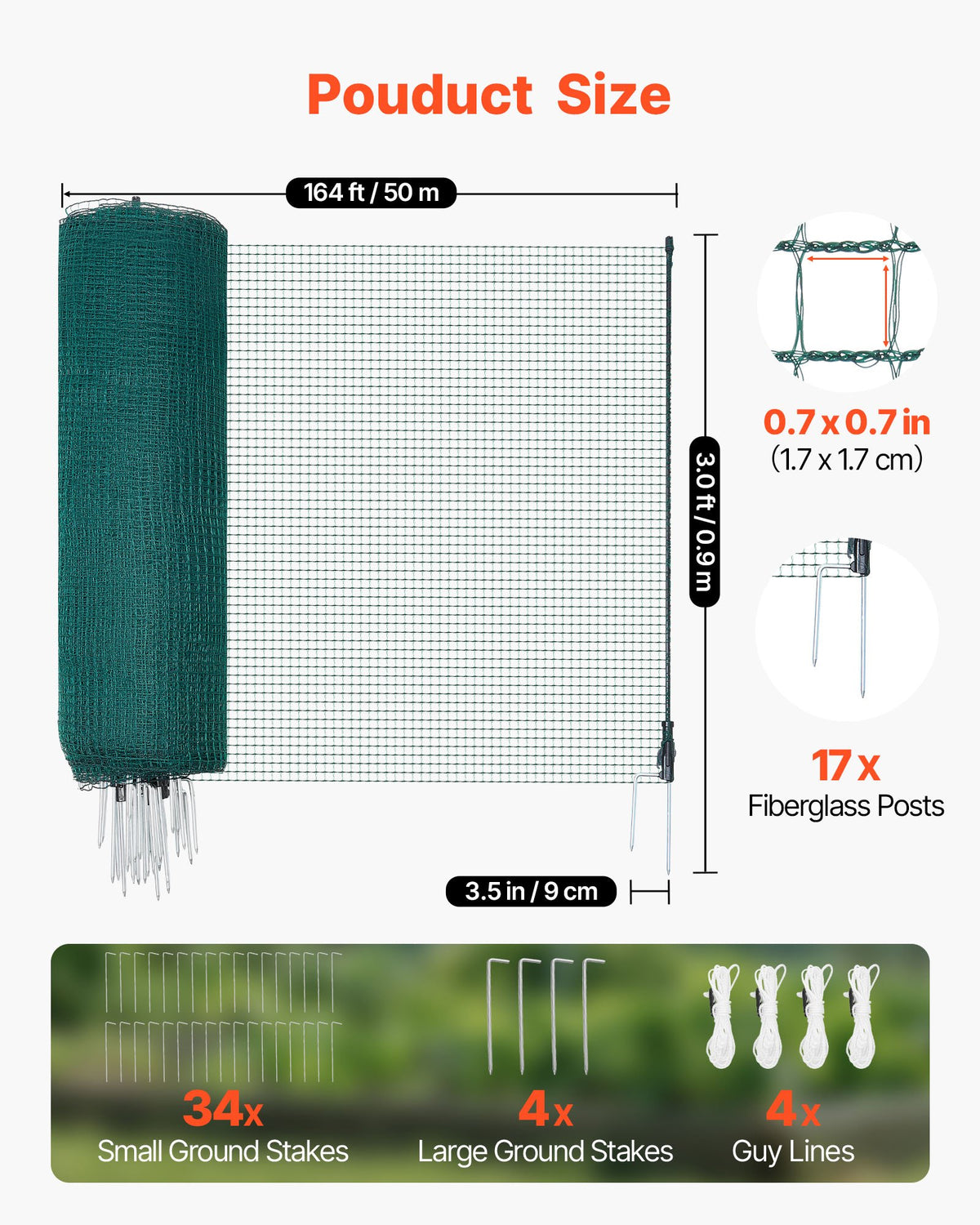 VEVOR Temporary Fence with Posts, 3 x 164 FT Plastic Mesh Fencing, Garden Safety Fences Netting with Double-Spike Stakes & Guy Ropes, Temporary Fence for Dogs, Chickens, Plants, Outdoor Yards - BXSWL50M09MBDC67F001V0 - view 3