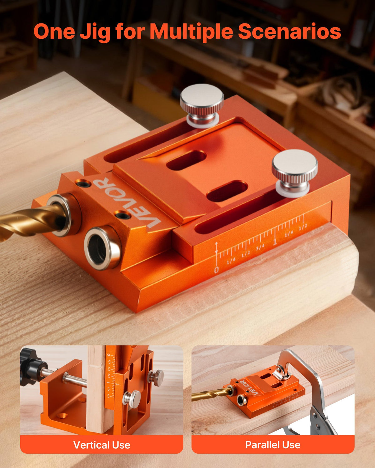 VEVOR Pocket Hole Jig Kit, 0.47 to 1.89 in Adjustable, Jig Pocket Hole System with Step Drill, Hex Wrench, Drill Stop Ring, Square Drive Bit, Plugs and Screws, Reinforced Metal Frame, for Woodworking - BXSXKKJJSDPF7781A001V0 - view 6