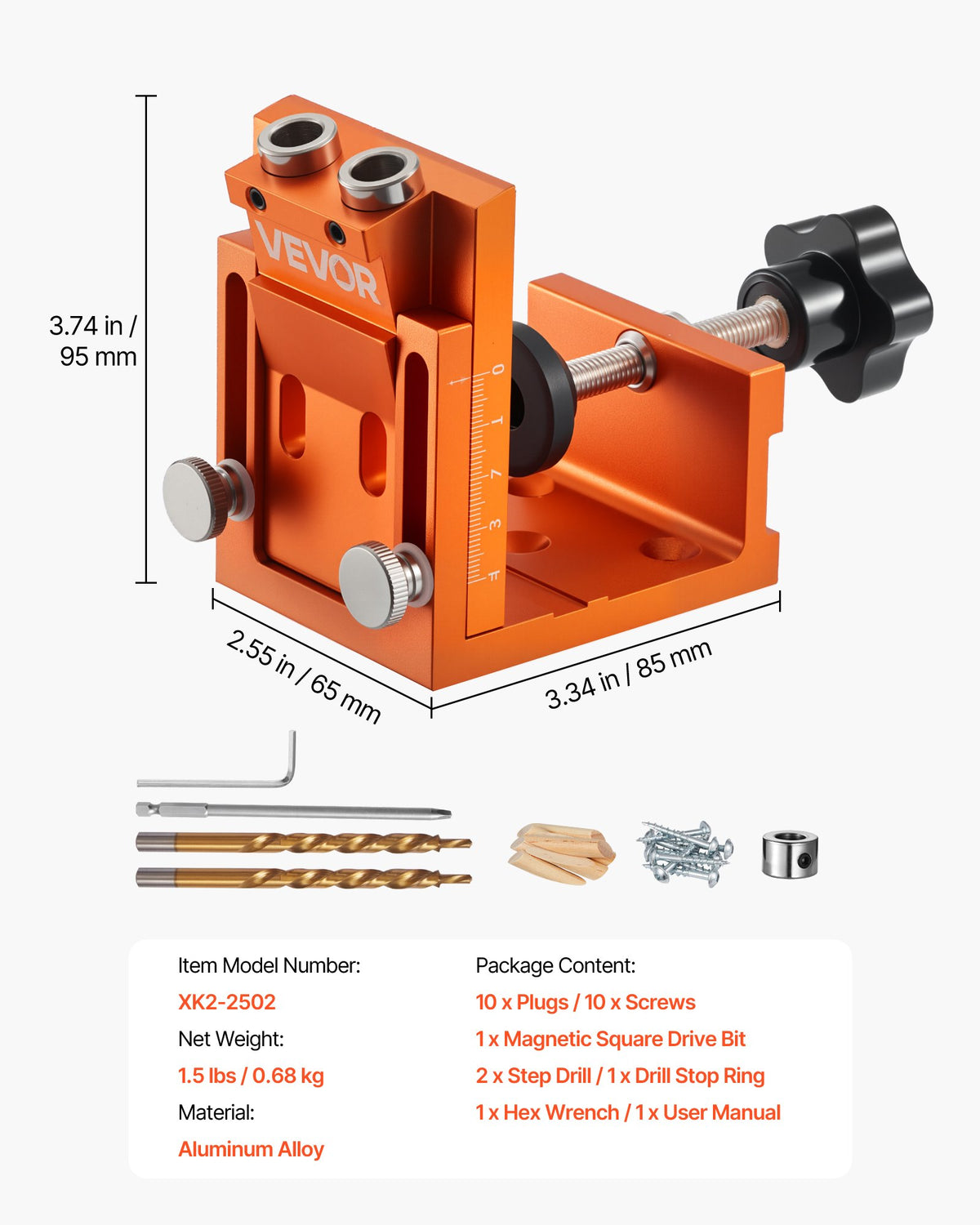 VEVOR Pocket Hole Jig Kit, 0.47 to 1.89 in Adjustable, Jig Pocket Hole System with Step Drill, Hex Wrench, Drill Stop Ring, Square Drive Bit, Plugs and Screws, Reinforced Metal Frame, for Woodworking - BXSXKKJJSDPF7781A001V0 - view 8