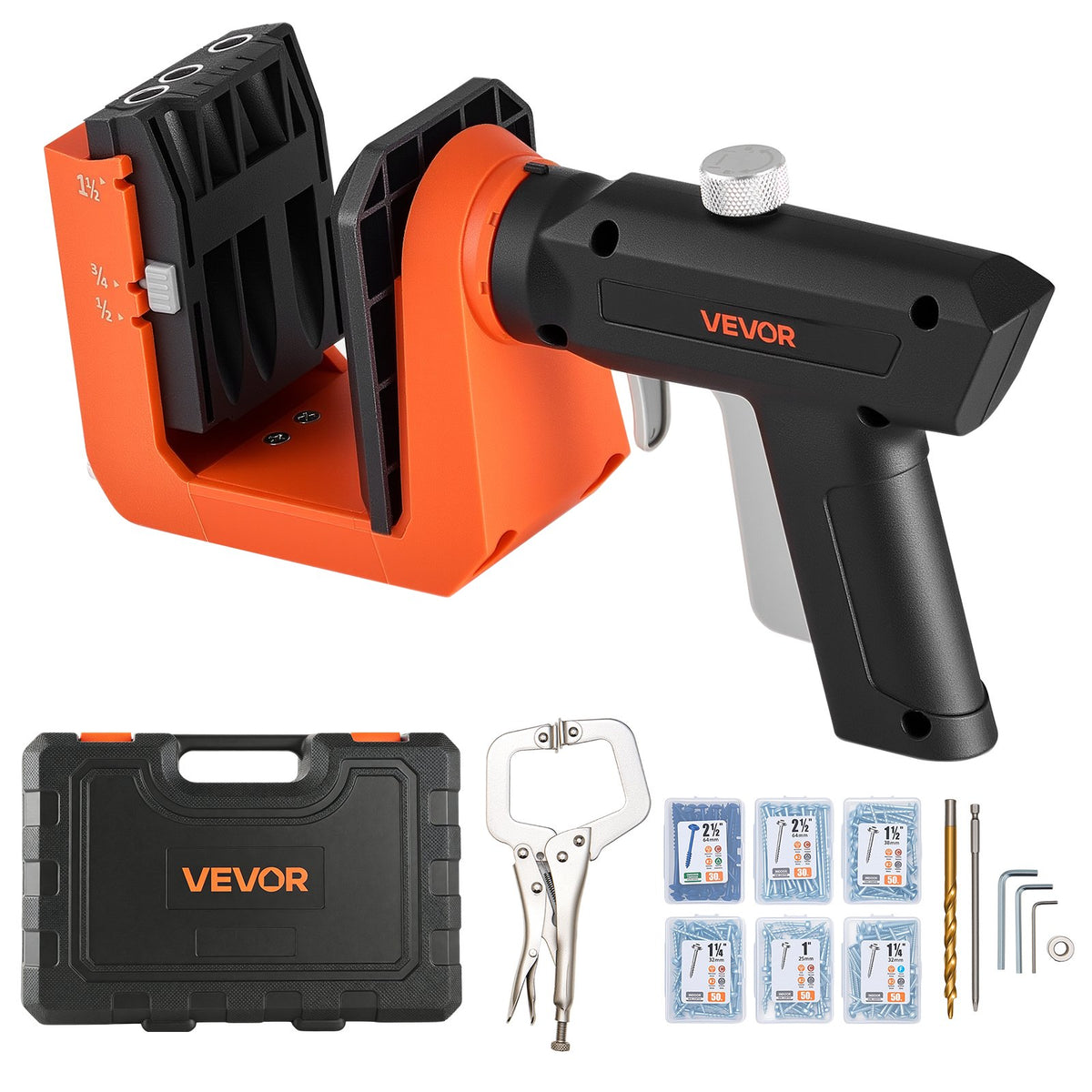 VEVOR Pocket Hole Jig Kit, 1/2", 3/4", 1-1/2" Adjustable, 360° Rotating Handle, Jig Pocket Hole System with 260 Screws, C-Clamp, Stop Collar, Drill Bit, Easy Clamping and Adjusting, for Woodworking - BXSXKKJSLTZSWMW61001V0 - view 1