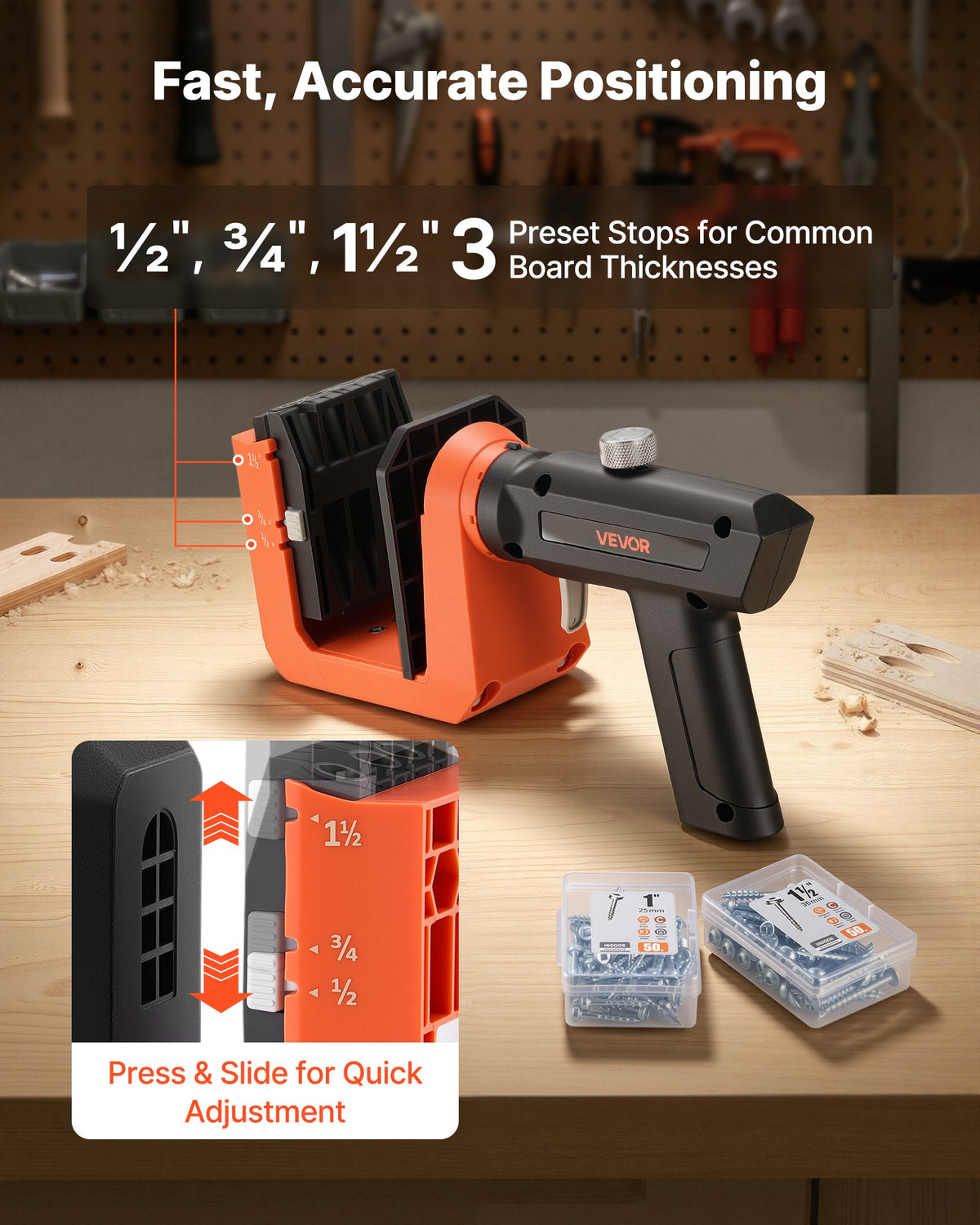 VEVOR Pocket Hole Jig Kit, 1/2", 3/4", 1-1/2" Adjustable, 360° Rotating Handle, Jig Pocket Hole System with 260 Screws, C-Clamp, Stop Collar, Drill Bit, Easy Clamping and Adjusting, for Woodworking - BXSXKKJSLTZSWMW61001V0 - view 3