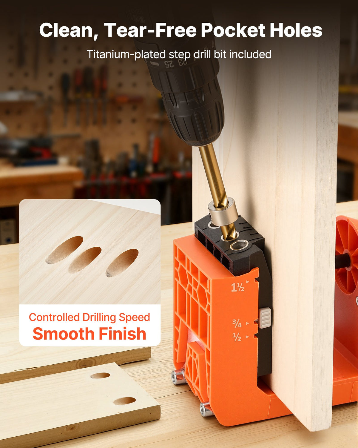 VEVOR Pocket Hole Jig Kit, 1/2", 3/4", 1-1/2" Adjustable, 360° Rotating Handle, Jig Pocket Hole System with 260 Screws, C-Clamp, Stop Collar, Drill Bit, Easy Clamping and Adjusting, for Woodworking - BXSXKKJSLTZSWMW61001V0 - view 5