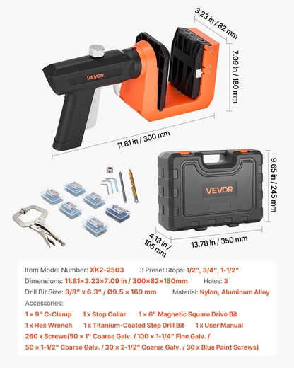 VEVOR Pocket Hole Jig Kit, 1/2", 3/4", 1-1/2" Adjustable, 360° Rotating Handle, Jig Pocket Hole System with 260 Screws, C-Clamp, Stop Collar, Drill Bit, Easy Clamping and Adjusting, for Woodworking - BXSXKKJSLTZSWMW61001V0 - view 8