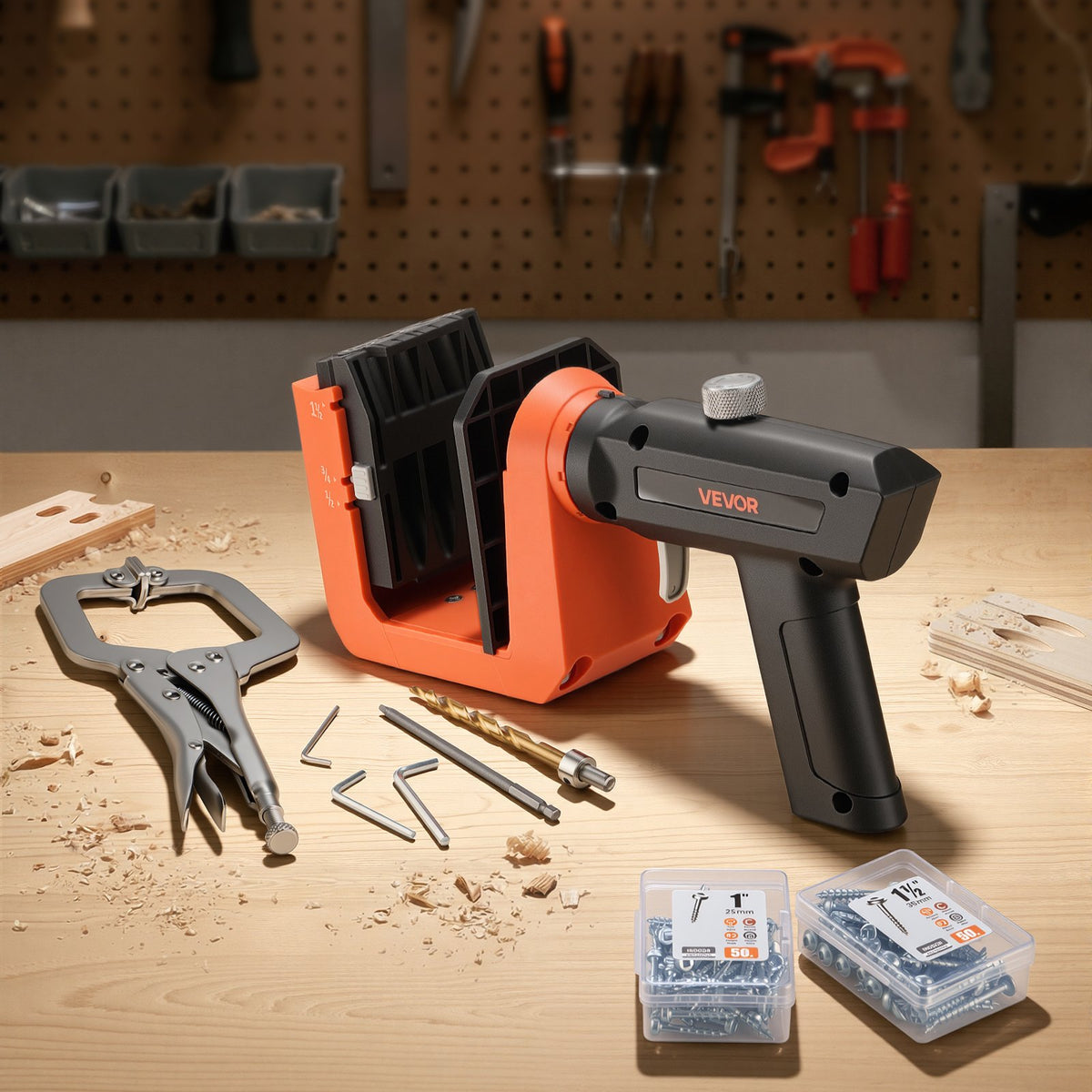 VEVOR Pocket Hole Jig Kit, 1/2", 3/4", 1-1/2" Adjustable, 360° Rotating Handle, Jig Pocket Hole System with 260 Screws, C-Clamp, Stop Collar, Drill Bit, Easy Clamping and Adjusting, for Woodworking - BXSXKKJSLTZSWMW61001V0 - view 9