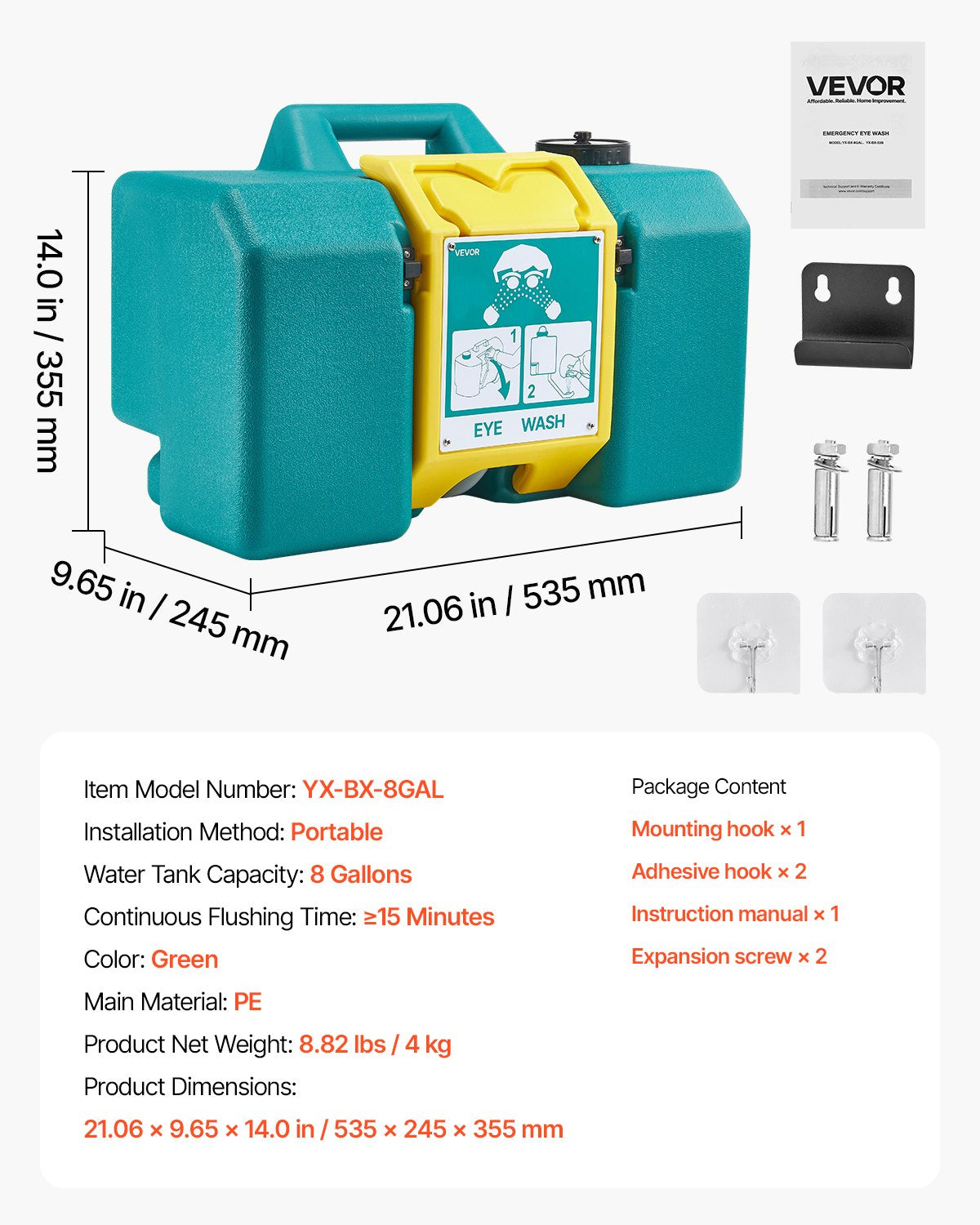 VEVOR Portable Eye Wash Station 8 Gal, OSHA-Approved Eyewash Station Wall-Mounted/On Flat Surface, Emergency Eye Wash Unit with 2 Sprays, First Aid Eyewash Units for Schools, Labs, Factories, Green - BXSXYQ20241JDB9IH001V0 - view 8