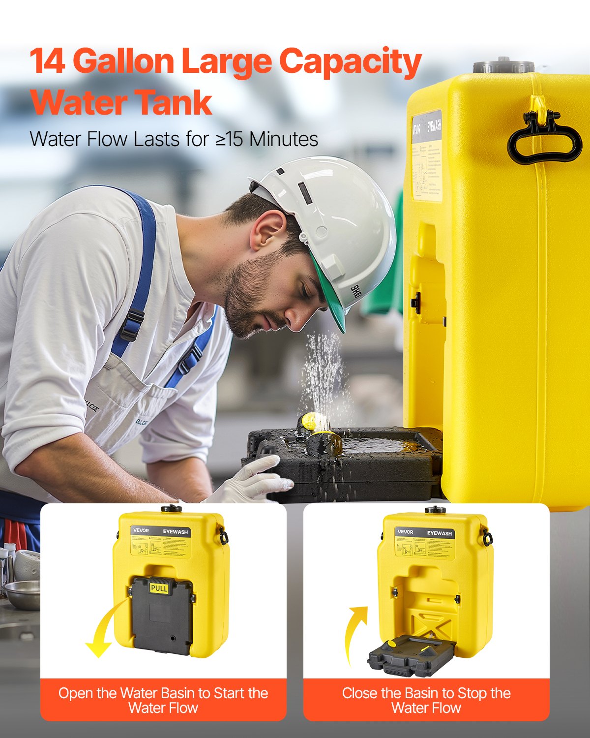 VEVOR Portable Eye Wash Station 14 Gal, OSHA-Approved Eyewash Station Wall-Mounted/On Flat Surface, Emergency Eye Wash Unit with 2 Sprays, First Aid Eyewash Units for Schools, Labs, Factories, Yellow - BXSXYQ20241JMI5DG001V0 - view 4