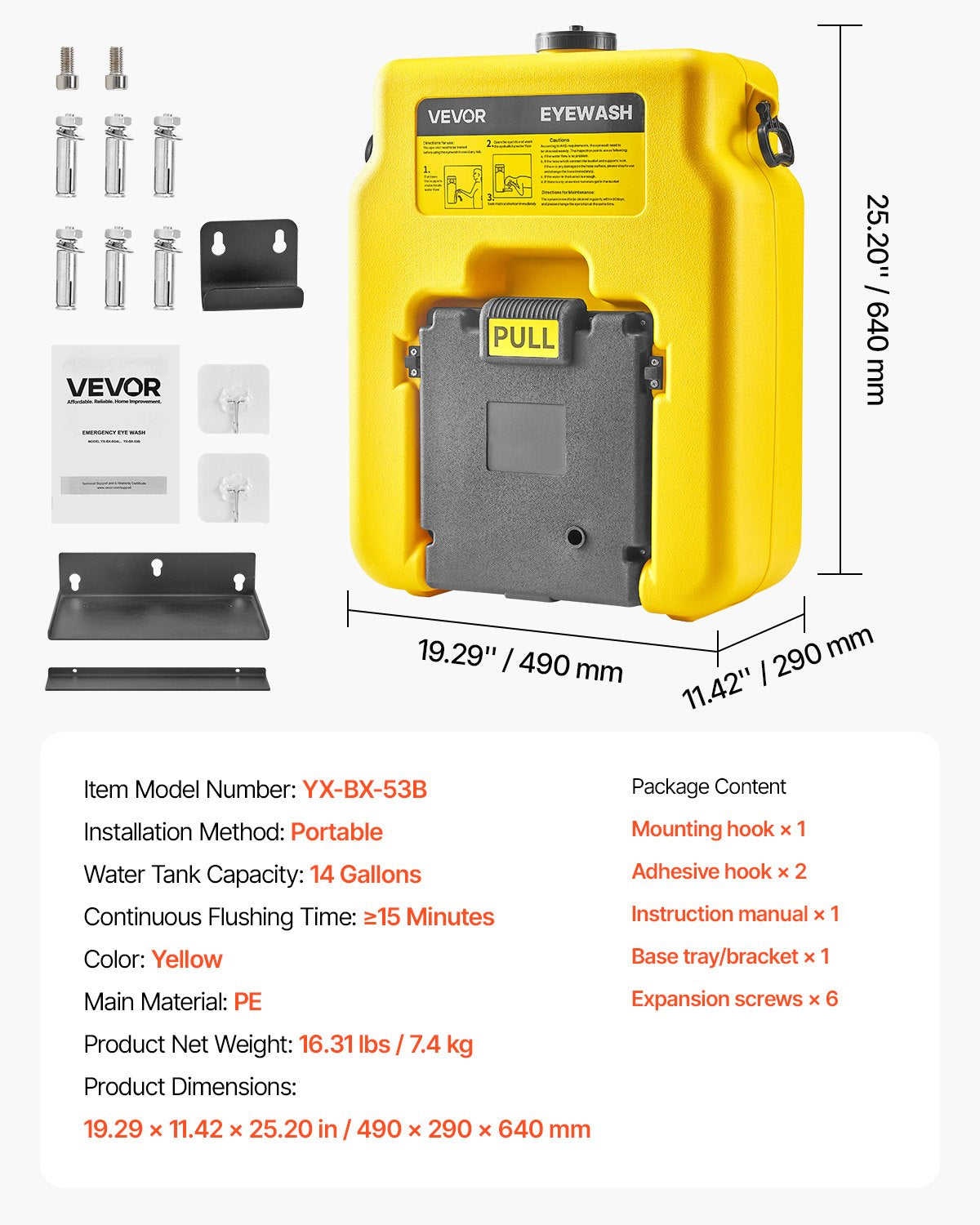 VEVOR Portable Eye Wash Station 14 Gal, OSHA-Approved Eyewash Station Wall-Mounted/On Flat Surface, Emergency Eye Wash Unit with 2 Sprays, First Aid Eyewash Units for Schools, Labs, Factories, Yellow - BXSXYQ20241JMI5DG001V0 - view 8
