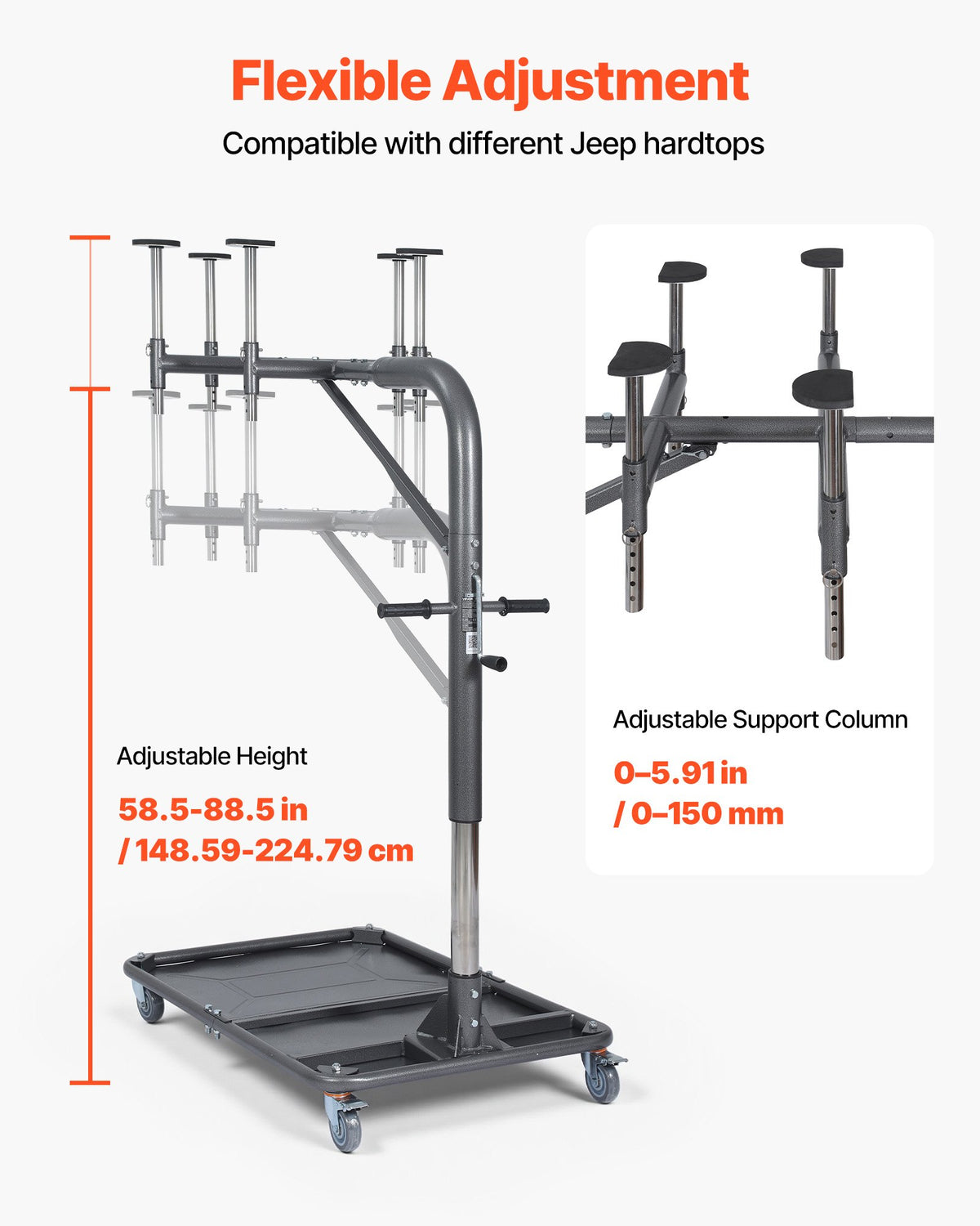 VEVOR Hard Top Remover Lift, 220 lbs, Jeep Hardtop Removal and Storage System, Quick & Easy One-Person Operation, Adjustable Height, for Jeep Wrangler YJ, TJ, JK, JL, 4XE, Ford Bronco 4 Door & 6 Gen+ - BXSYDCXXTBKZ7QN0D001V0 - view 6