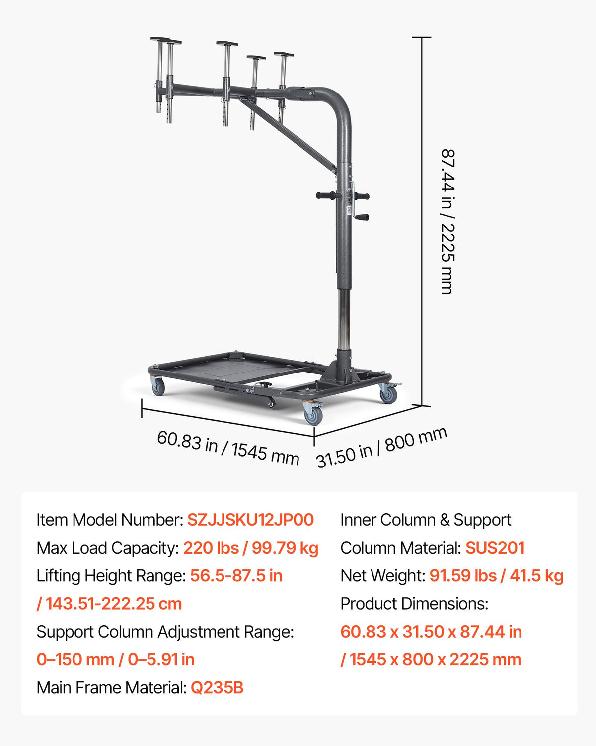VEVOR Hard Top Remover Lift, 220 lbs, Foldable Jeep Hardtop Removal and Storage System, Easy One-Person Operation, Adjustable Height, for Jeep Wrangler YJ, TJ, JK, JL, 4XE, Ford Bronco 4 Door & 6 Gen+ - BXSYDCXXTKZDAT3NP001V0 - view 8