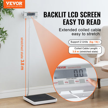 VEVOR Portable Medical Scale, Professional Digital Physician Scale for Weighing - with Anti-Slip Mat, 2 Units (kg/lb), Hold & Tare Function, 400LBS Capacity Physician Wight Scale for Gym Home Hospital - BXSYSCBSG400MRDEEV5 - view 3