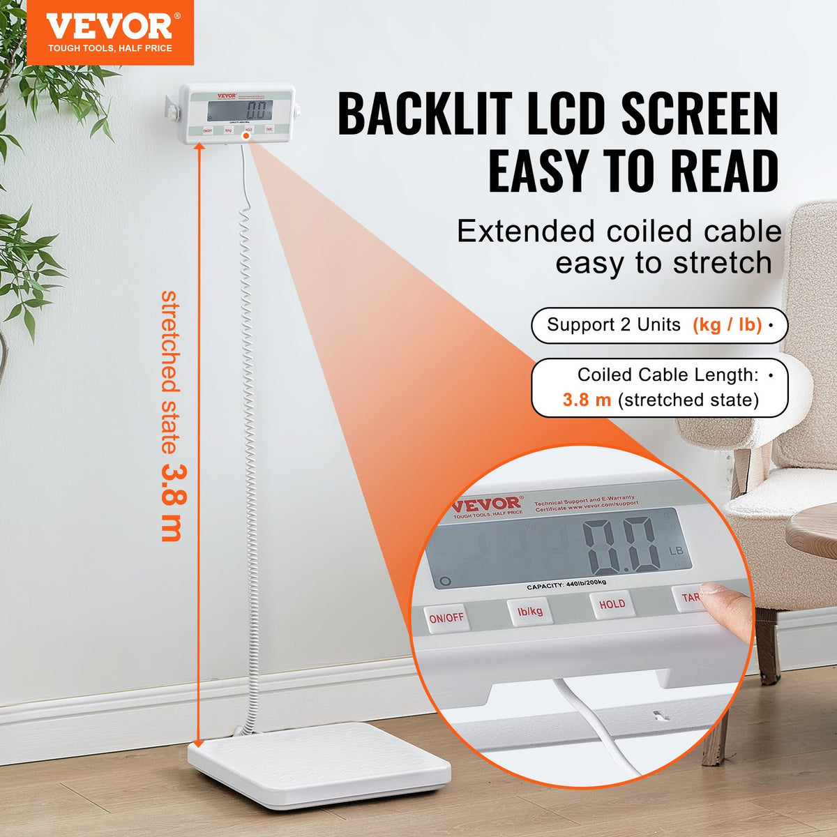 VEVOR Portable Medical Scale, Professional Digital Physician Scale for Weighing - with Anti-slip Platform, 2 Units, Hold & Tare Function, 440LBS Capacity Physician Weight Scale for Gyms Homes Hospital - BXSYSCBSG440FYILKV5 - view 3