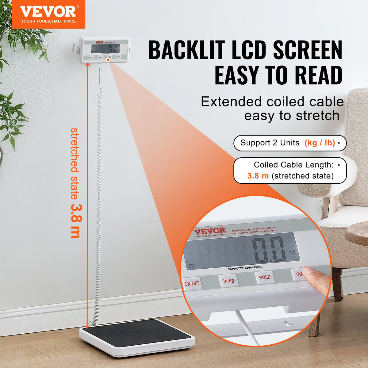 VEVOR Portable Medical Scale, Professional Digital Physician Scale for Weighing - with Anti-Slip Mat, 2 Units (kg/lb), Hold & Tare Function, 550LBS Capacity Physician Wight Scale for Gym Home Hospital - BXSYSCBSG550RRCT8V5 - view 3