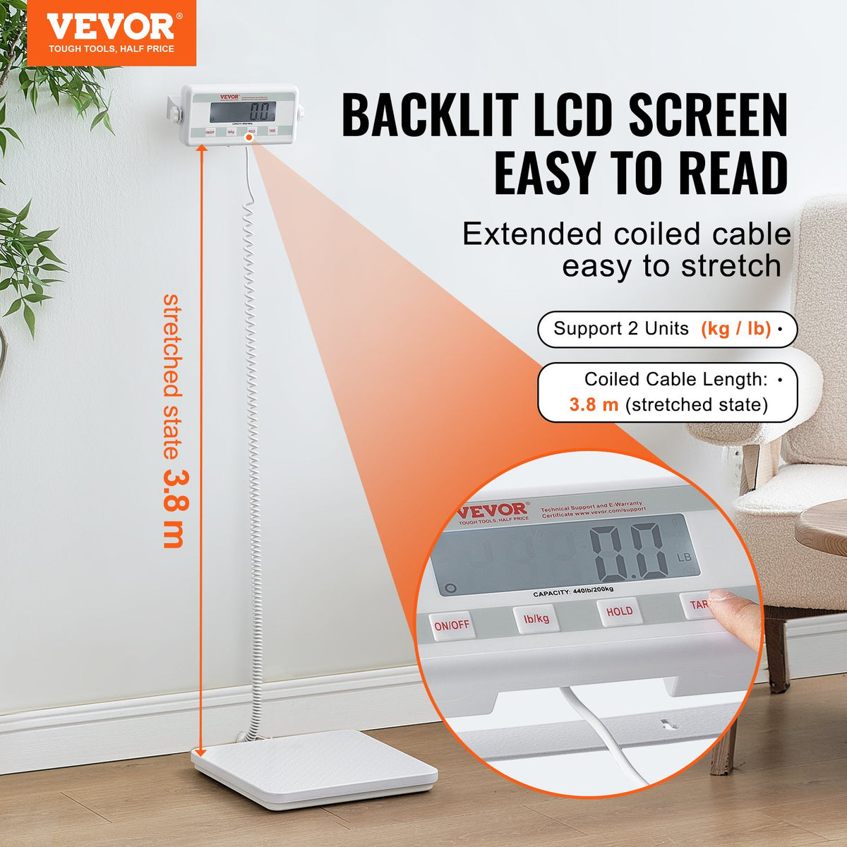 VEVOR Portable Medical Scale, Professional Physician Scale for Weighing - with Anti-slip Platform, 2 Units, Hold & Tare Function, Digital Physician Weight Scale for Gym Home Hospital, 440LBS Capacity - BXSYSCBSLHJ4NX1Y9V5 - view 3