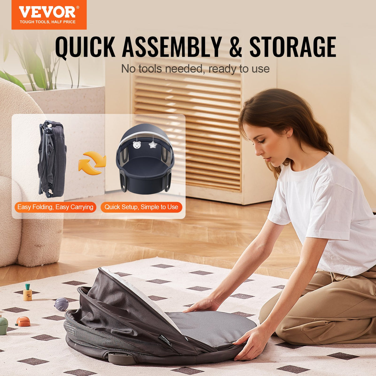 VEVOR Portable Baby Bassinet, On-The-Go Baby Dome with Canopy & Developmental Toys, Quick-Folding Travel Crib, Lightweight Baby Cradle Infant Bed for Indoors/Outdoors, Suitable for 0-6 Months Newborns - BXSYXC3230INXP1A6V0 - view 3