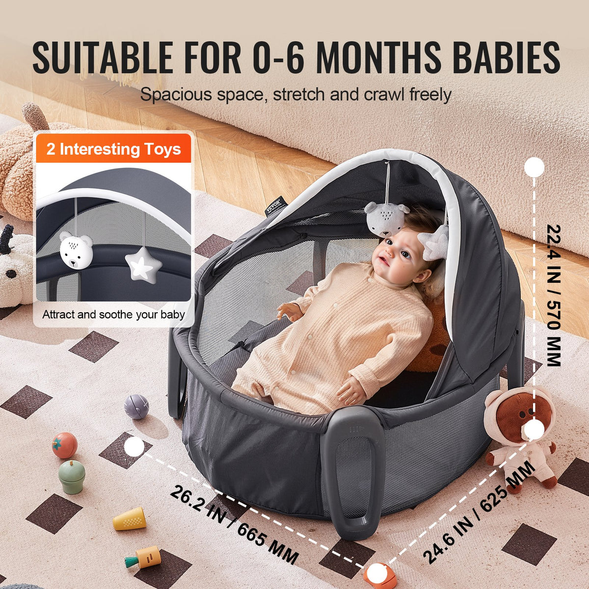 VEVOR Portable Baby Bassinet, On-The-Go Baby Dome with Canopy & Developmental Toys, Quick-Folding Travel Crib, Lightweight Baby Cradle Infant Bed for Indoors/Outdoors, Suitable for 0-6 Months Newborns - BXSYXC3230INXP1A6V0 - view 4