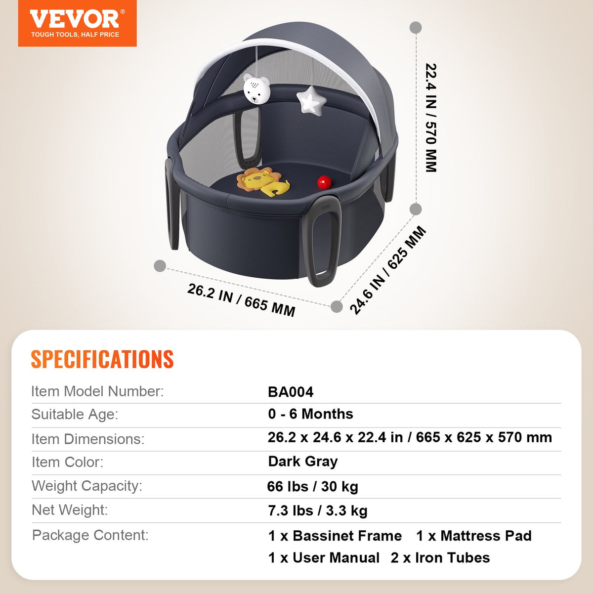 VEVOR Portable Baby Bassinet, On-The-Go Baby Dome with Canopy & Developmental Toys, Quick-Folding Travel Crib, Lightweight Baby Cradle Infant Bed for Indoors/Outdoors, Suitable for 0-6 Months Newborns - BXSYXC3230INXP1A6V0 - view 8