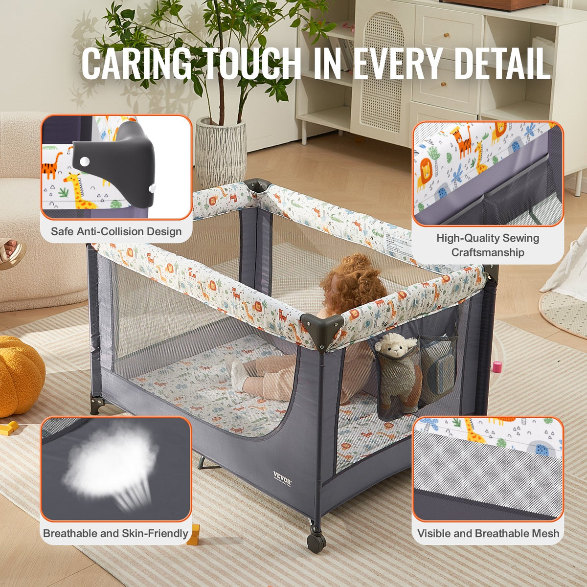 VEVOR Baby Playpen Travel Crib, Quick-Folding Playpen for Baby & Toddler, Portable Baby Fence Play Yard with Wheels, Breathable Mesh & Travel Bag, Indoor/Outdoor Kids Activity Center for 0-36 Months - BXSYXC4028INSRLSZV0 - view 6