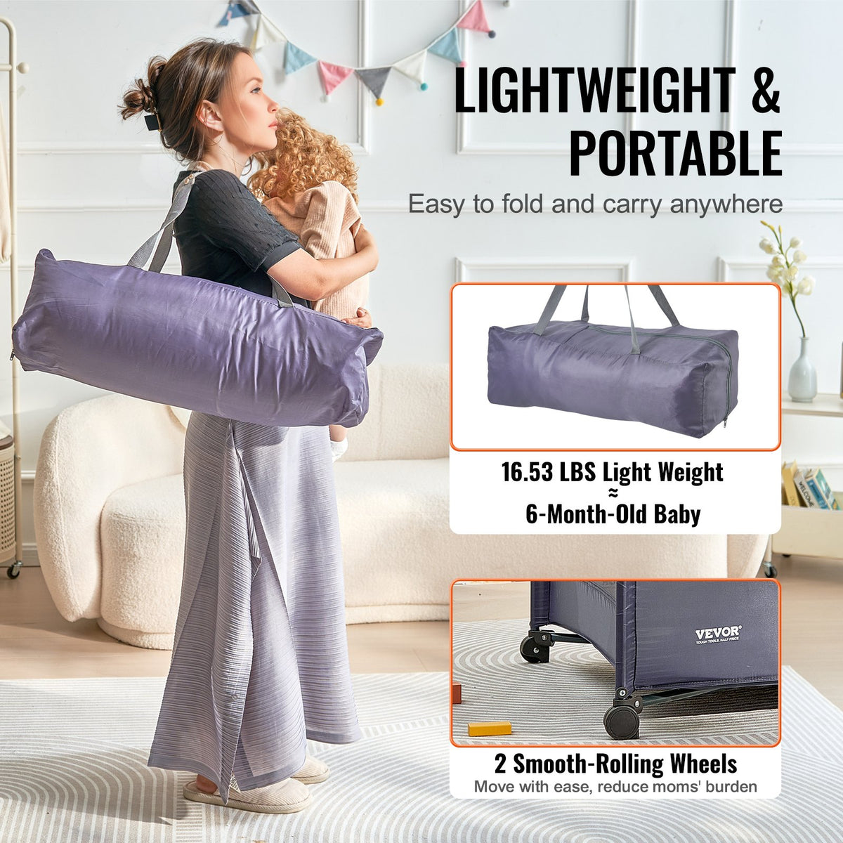 VEVOR Baby Playpen Travel Crib, Quick-Folding Playpen for Baby & Toddler, Portable Baby Fence Play Yard with Wheels, Breathable Mesh & Travel Bag, Indoor/Outdoor Kids Activity Center for 0-36 Months - BXSYXC4028INSRLSZV0 - view 7