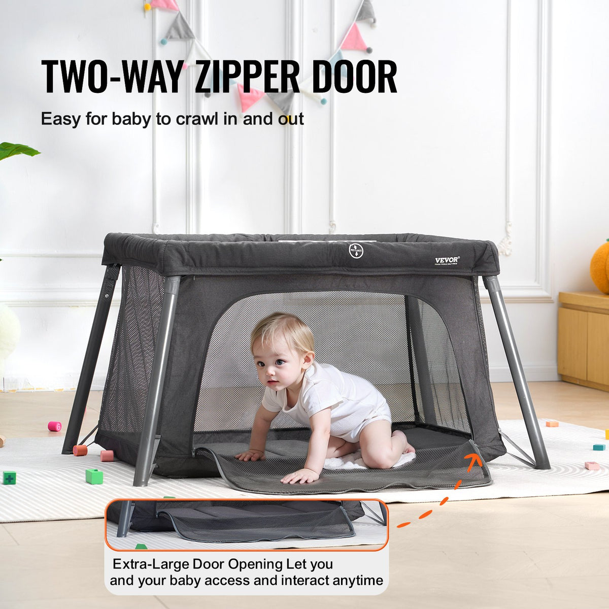 VEVOR Baby Travel Crib and Play Yard, Folding Baby Playpen with Zipper Gate & Soft Mattress, Portable Toddler Crib with Breathable Mesh, Travel Bag, Indoor/Outdoor Kids Activity Center for 0-36 Months - BXSYXC4331ING7SKNV0 - view 5