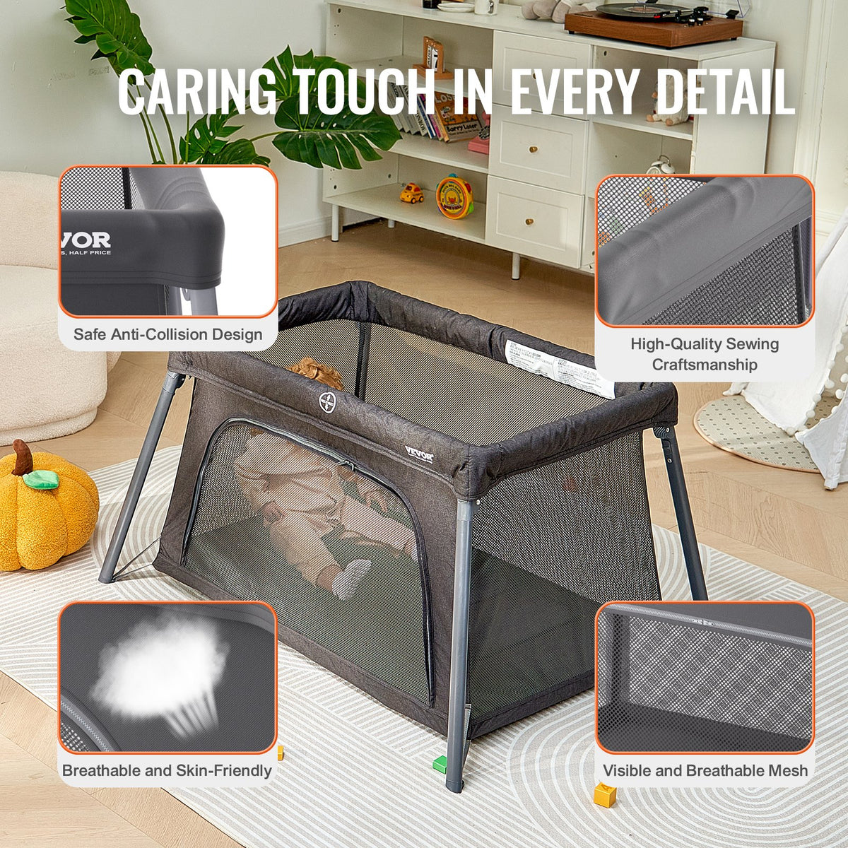 VEVOR Baby Travel Crib and Play Yard, Folding Baby Playpen with Zipper Gate & Soft Mattress, Portable Toddler Crib with Breathable Mesh, Travel Bag, Indoor/Outdoor Kids Activity Center for 0-36 Months - BXSYXC4331ING7SKNV0 - view 6