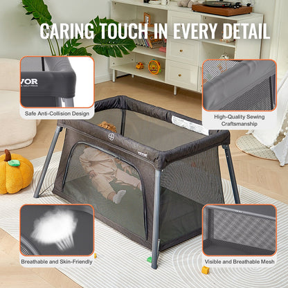 VEVOR Baby Travel Crib and Play Yard, Folding Baby Playpen with Zipper Gate & Soft Mattress, Portable Toddler Crib with Breathable Mesh, Travel Bag, Indoor/Outdoor Kids Activity Center for 0-36 Months - BXSYXC4331ING7SKNV0 - view 6